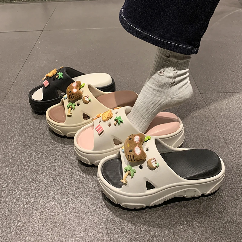 Korean Style Balanced Shock Absorption Comfort Portability Thick Soled Fashionable Fallow Slipper Flip-flops Fashion Shoes Girl