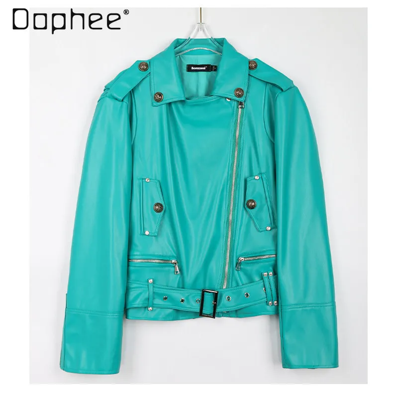 Spring Autumn American High Street Biker Style Cool and Stylish Men's Black and Green Short Button-up Lapel PU Leather Jacket