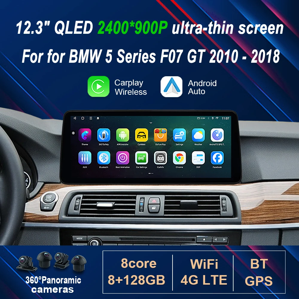 for BMW 5 Series F07 GT 2010 - 2018 Wireless Carplay 12.3' Ultra-thin Android 16 GPS 4G WIFI Car Radio Video Multimedia Player