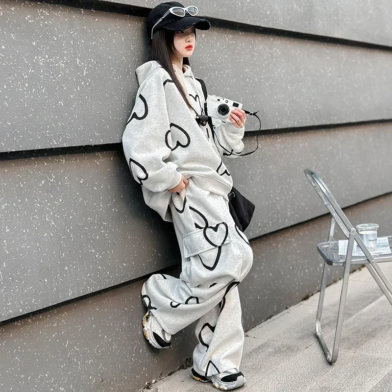 Girls Spring and Autumn Sets 2024 New Korean Children Printed Loose Hoodie Casual Work Long Pants Two Piece Set