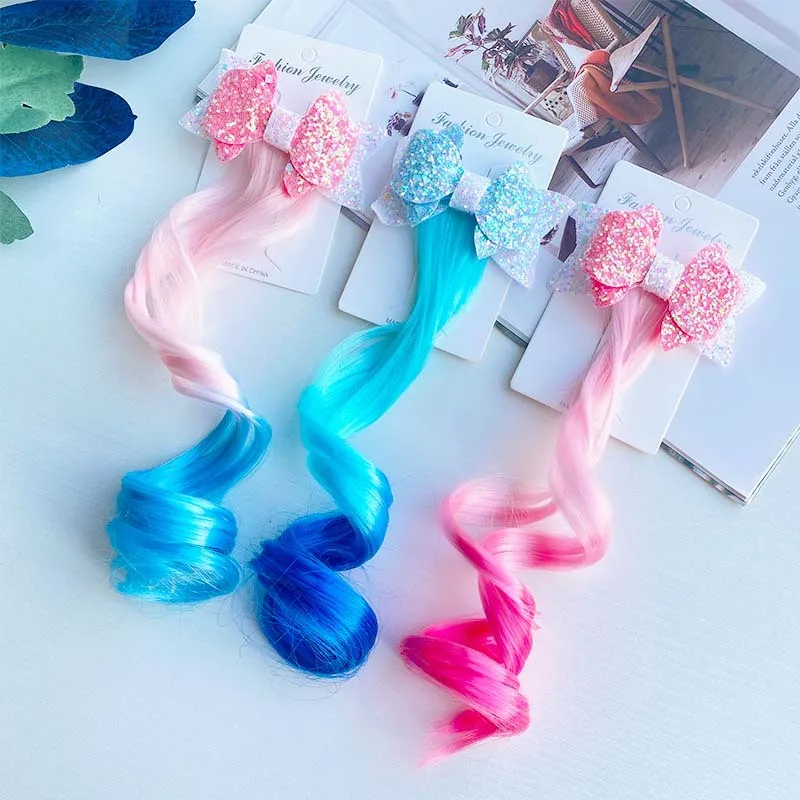 Girls Kawaii Colorful Bows Wig Rhinestone Hairclips 2022 New Hair Clips Glitter Gradient Ponytail Bands Accessories Headband