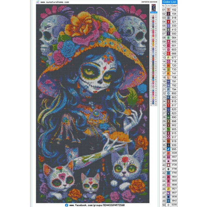 Sunature Diamond Painting Art Full Square Round Drills Skeleton Girl Cat Halloween Diamond Painting Kits