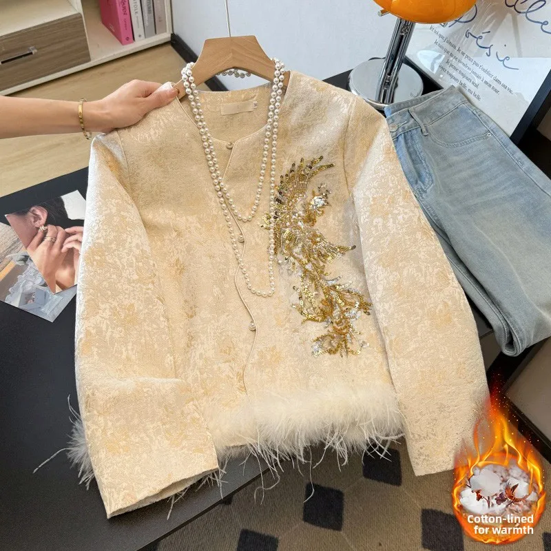 

Новая китайская утепленная хлопковая куртка с вышивкой, длинными рукавами, воротником-стойкой и объемным декором, тяжелая вышивка, верхняя одежда