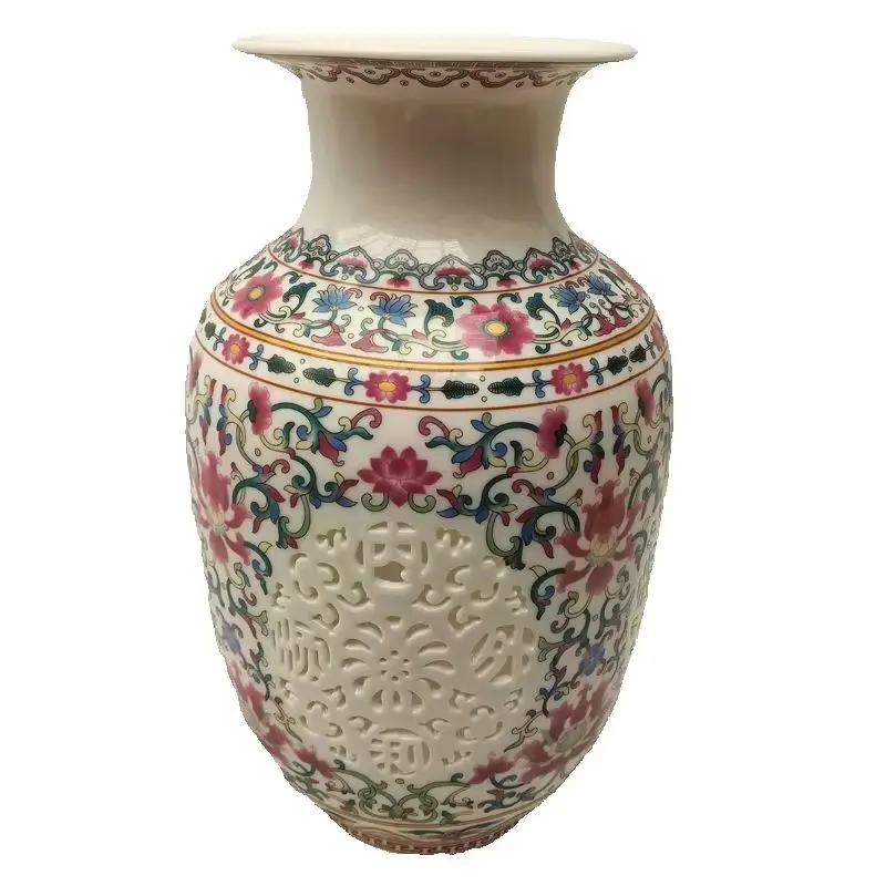 Chinese Old Porcelain Vase Lucky Pattern round Shoulder Enamel Colors Hollow Asian Decor Collectible