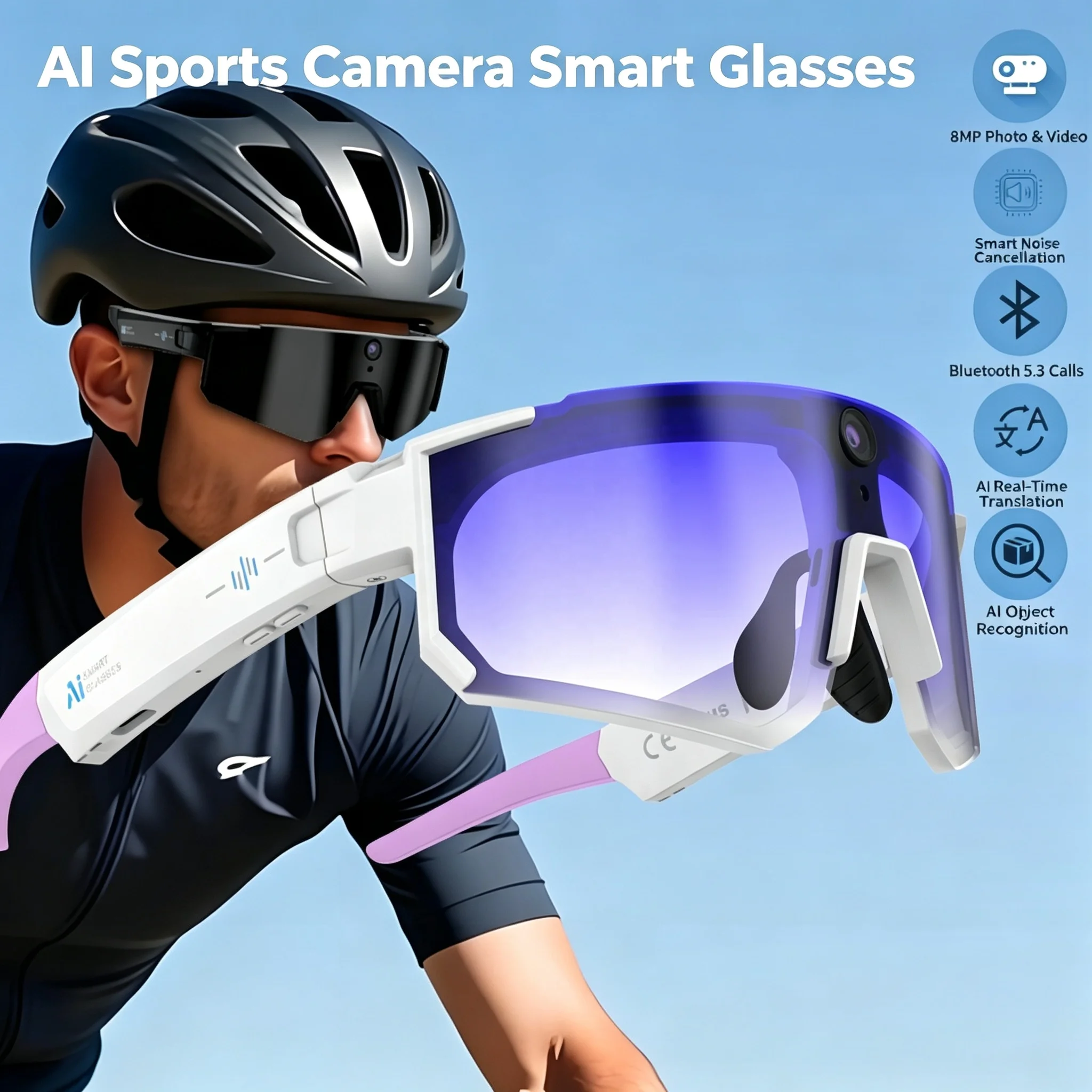 Premium AI Sports Smart Glasses 8MP First-Person Action Camera EIS Anti-Shake Real-Time Translation Fast Wi-Fi Transfer