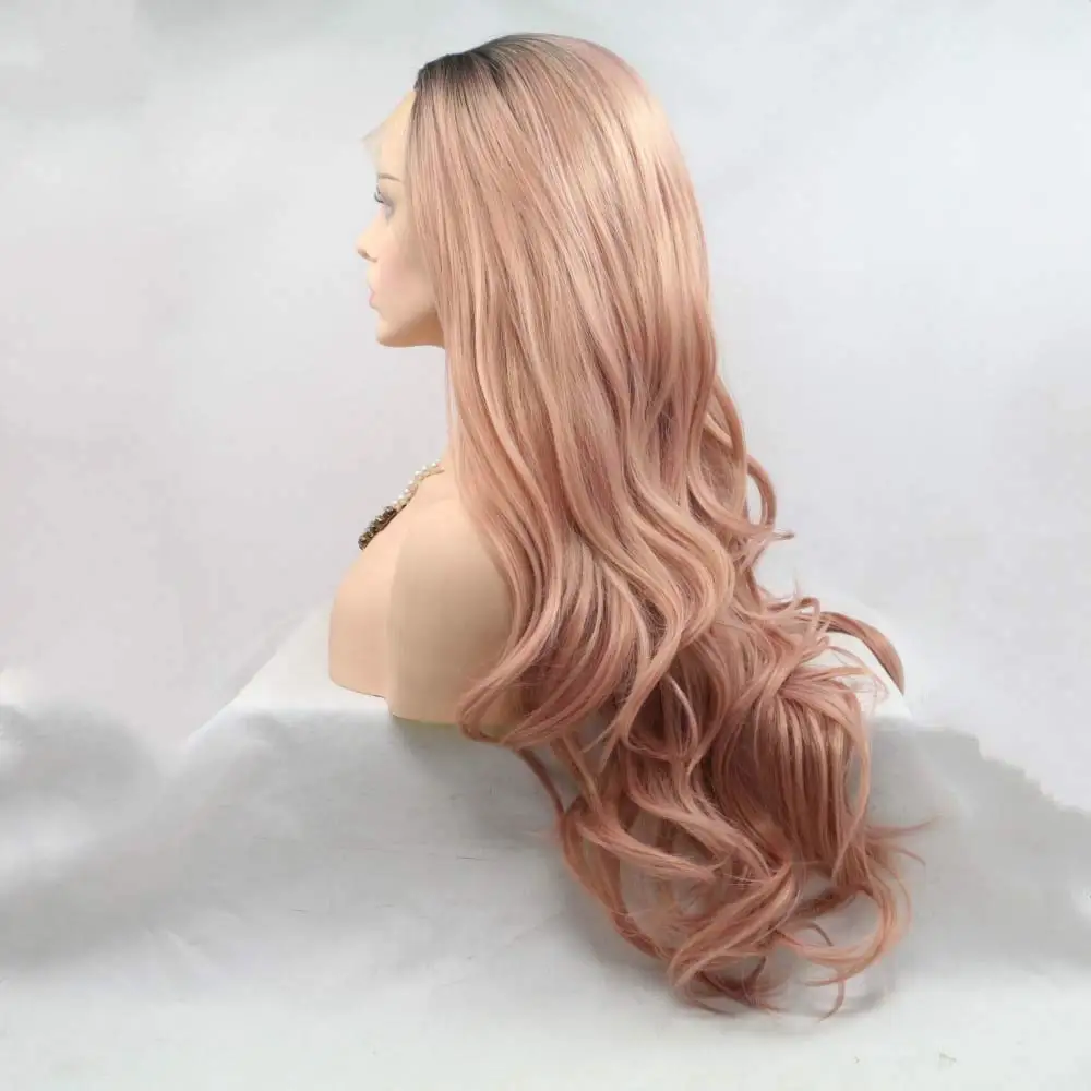 Ombe Peach Red with Dark Roots Synthetic Wigs Long Wavy Rosy Pink Lace Front Wigs Body Wave Hair Rose Gold Pink Wigs For Women