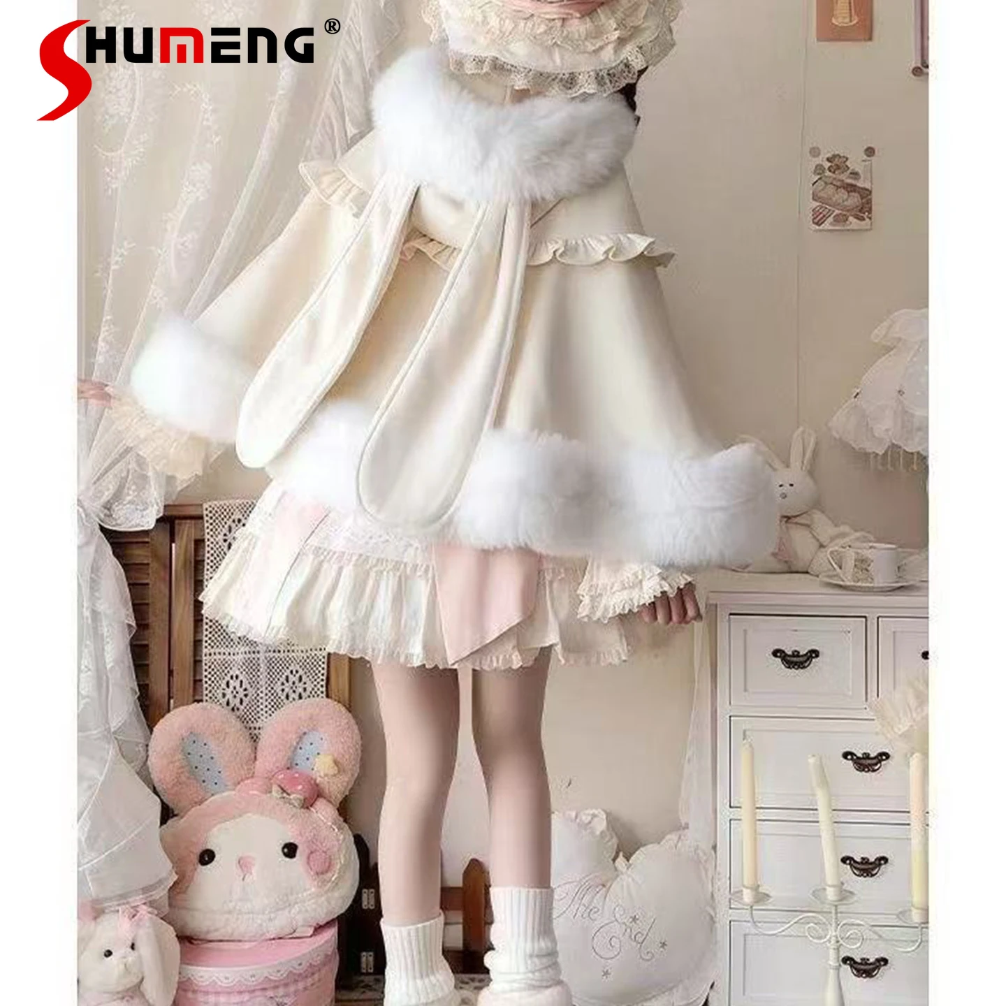 

Japanese Sweet Cute Ear Rabbit Hooded Cape Coat Bow Single-Breasted Versatile Kawaii Lolita Plush Shawl Jackets for Women Winter