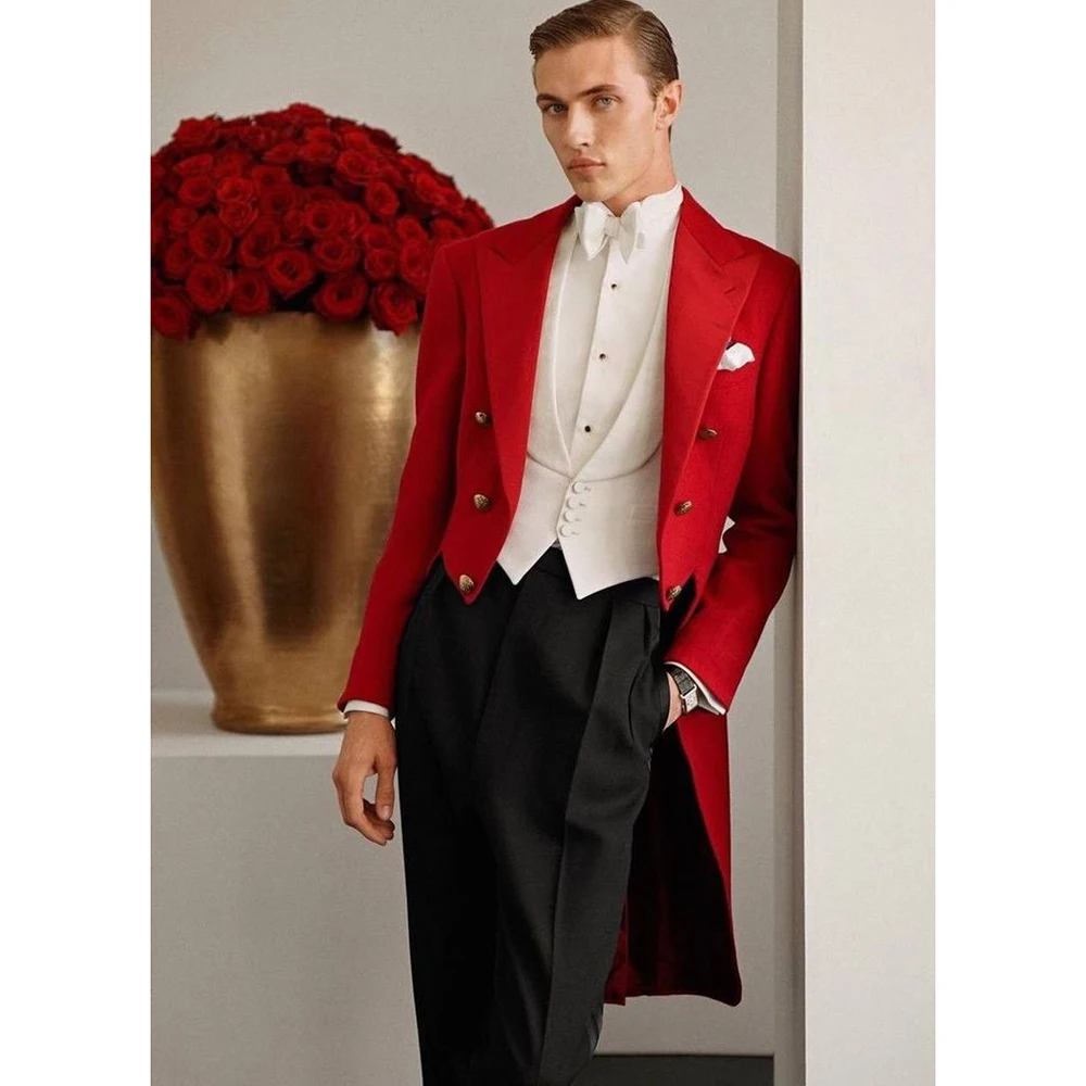 

Double-breasted Groom's Suit Customized Red Peaked Lapel Tuxedo Three Pieces(Jacket+Pants+Vest) Male Set for Formal Wedding