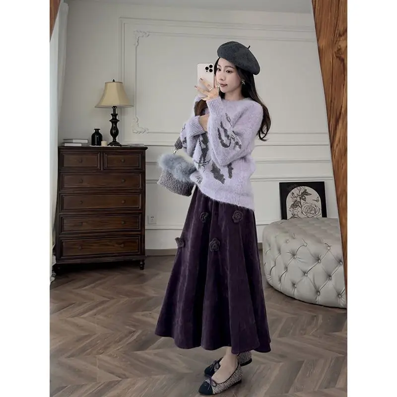 

Autumn and Winter New Chic Medium Long Corduroy Three-dimensional Flower Plate Flower A-line Solid Color Skirt for Women