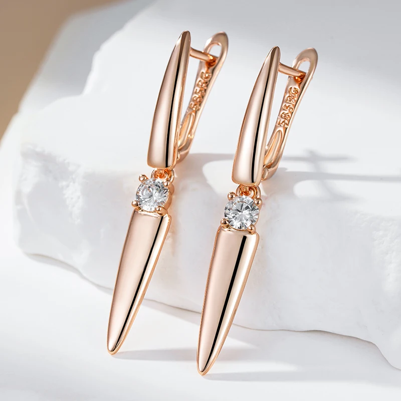 Kienl Simple 585 Rose Gold Color Long Drop Earring for Women Luxury Shiny Natural Zircon Accessories High Quality Daily Jewelry