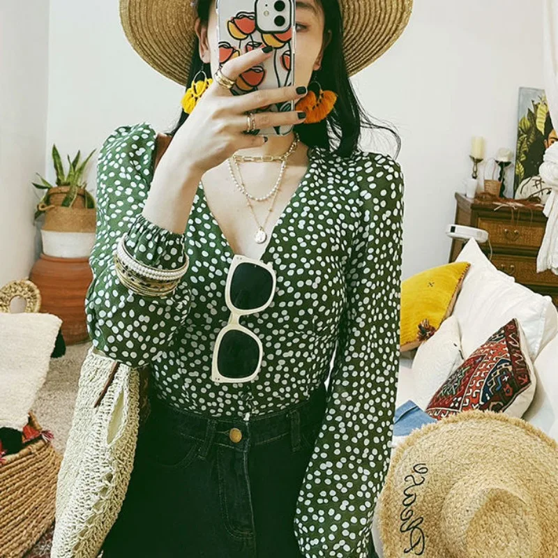 Women Spring Autumn Vintage Sexy Polka Dot Printing V-neck Long Sleeve Shirts Ladies Fashion Office Lady All-match Trend Tops