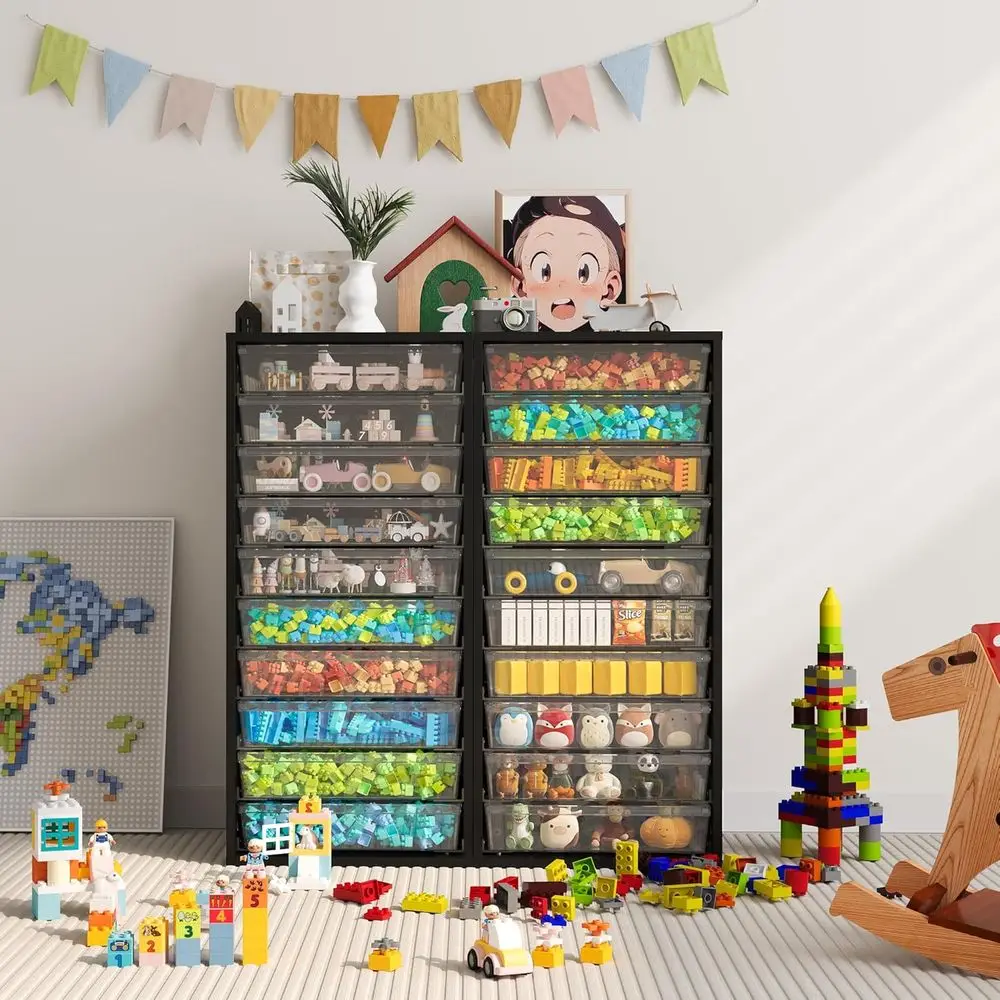 Шкаф для хранения на колесиках с 10 прозрачными ящиками для макияжа, поделок и офисов — черная деревянная универсальная тележка