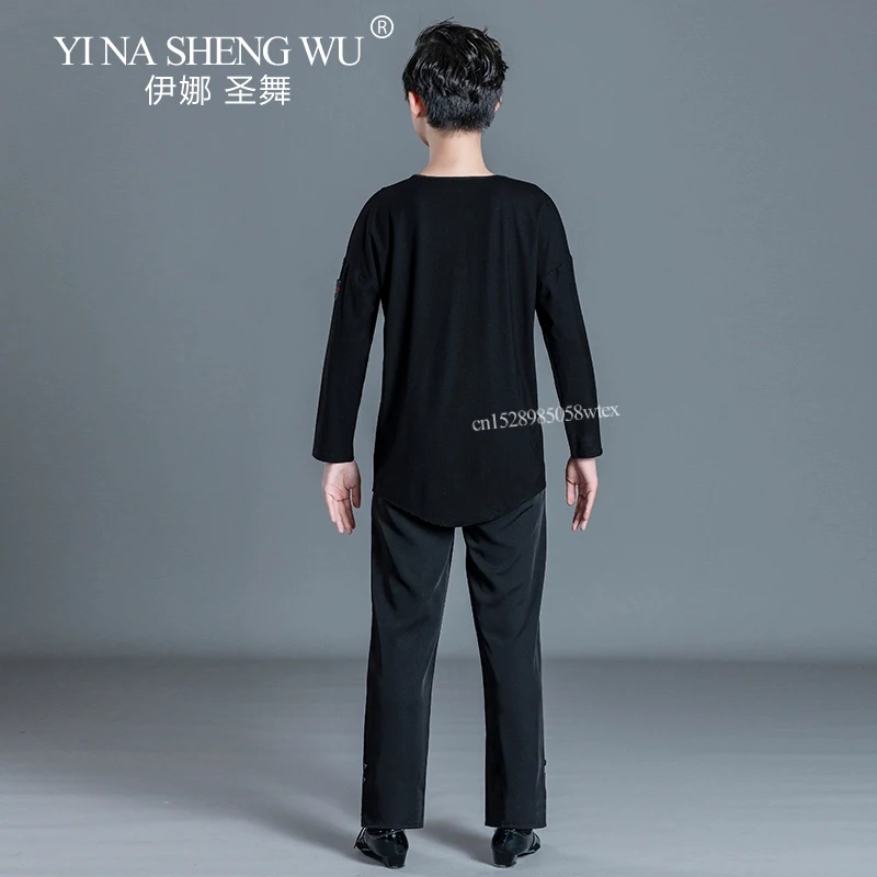 أزياء الرقص اللاتينية للأولاد برقبة دائرية وأكمام طويلة باللون الأسود لقاعة الرقص رومبا تانجو أزياء الأداء اللاتينية