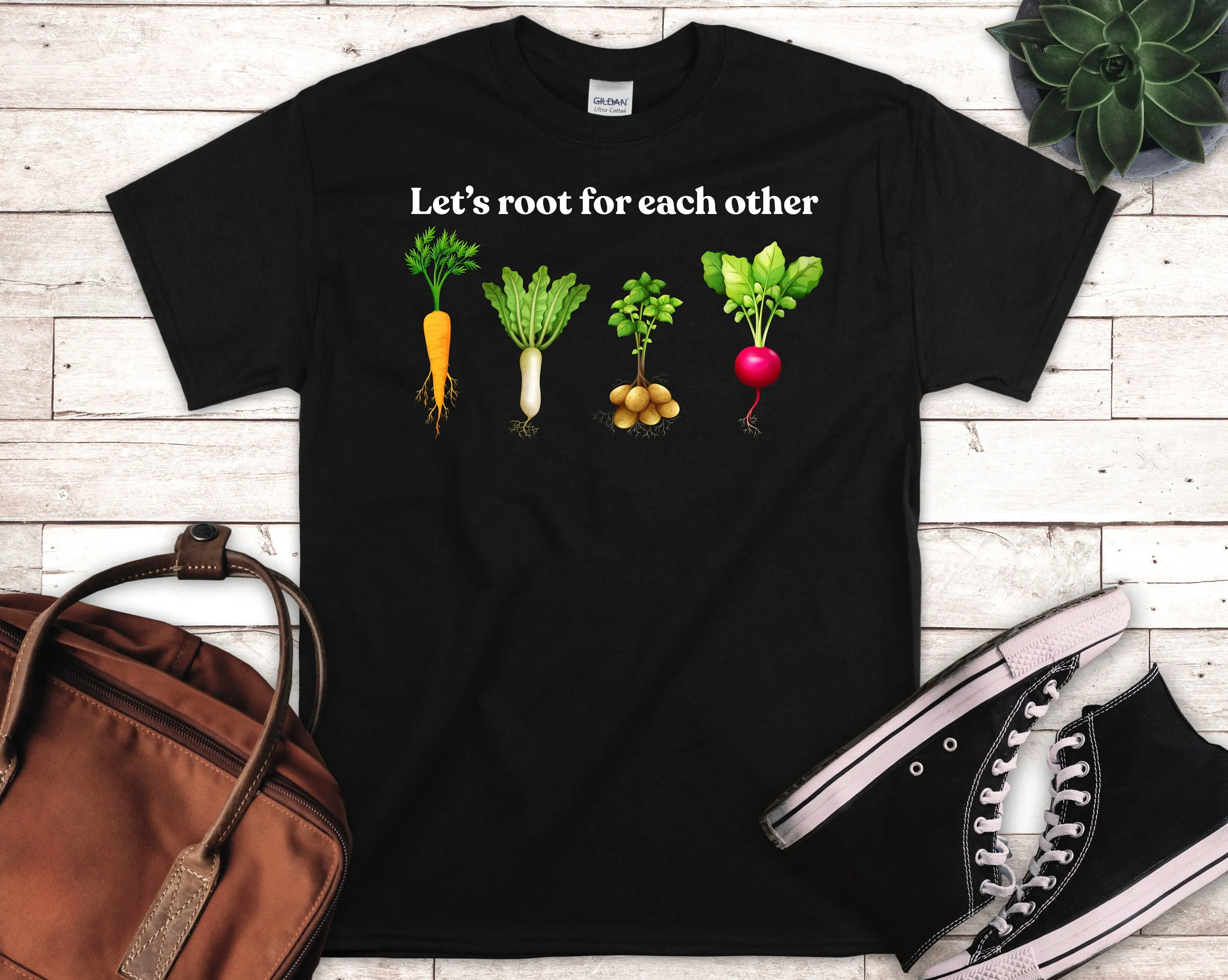 Lets Roots For Each Other Vegetable T Shirt Uplifting Spring Gardening Turnip Carrot Outfit Black