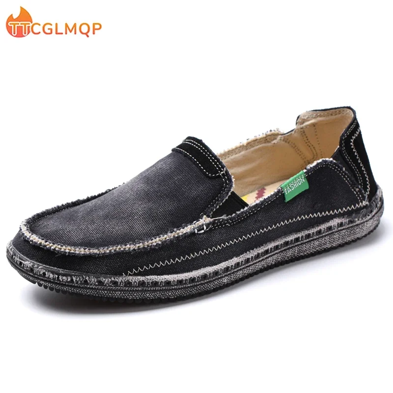 2023 Summer New Men's Denim Canvas Shoes Lightwight Breathable Beach Shoes Fashion Casual Slip On Soft Flat Loafers Big Size 48