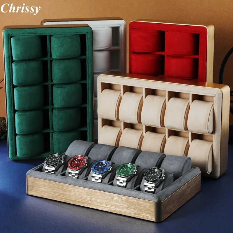 luxury Green Red Blue Wood Flannel Multi-position Storage Box Metal Round Edge Jewelry Plate Display Jewelry Prop Display Tray