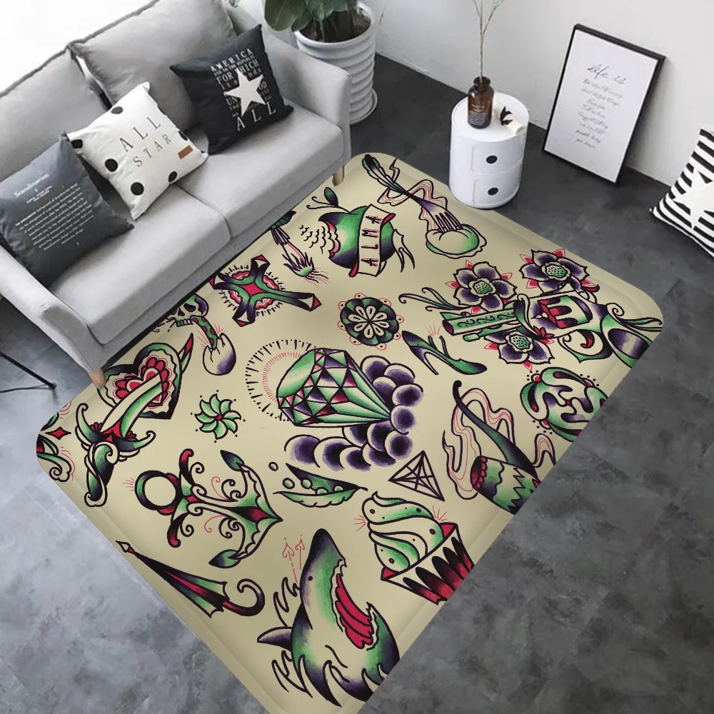 Old School Tattoo Pattern Floor Mat Non-Slip Laundry Room Mat Laundry Decor Balcony Child Living Room Household Carpets