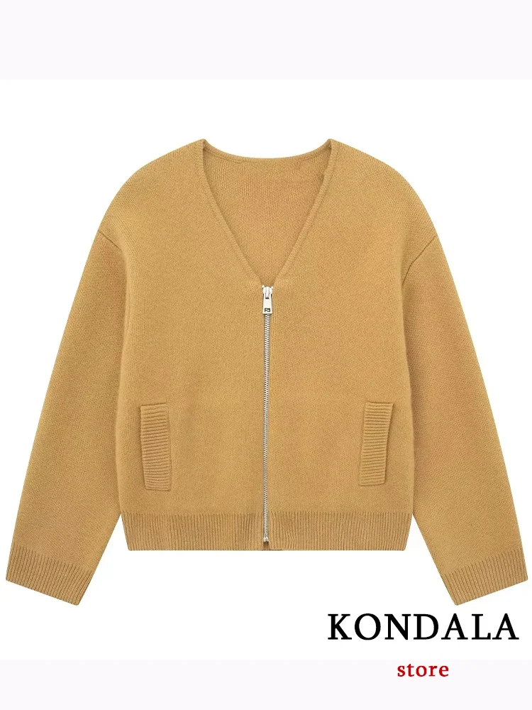 KONDALA Vintage Chic Women Sweater Jackets Solid Zippers V-Neck Knitted Warm Coats New Fashion 2023 Autumn Winter Female Jackets