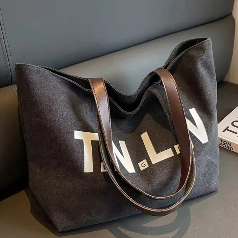 Large Capacity Canvas Shoulder Bag for Women Fashion Minimalist Handbag for Students Versatile Commuting Ins Korean Mommy Bag