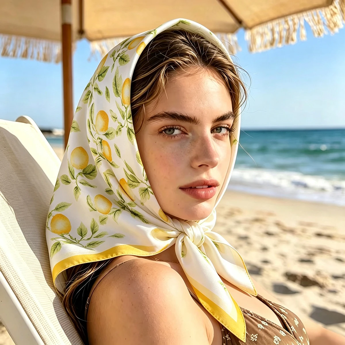 2026 New Lemon Women Square Scarf Silk Feeling Neckerchief Print Foulard Hairband Lady Ribbon Spring New Shawls Wraps