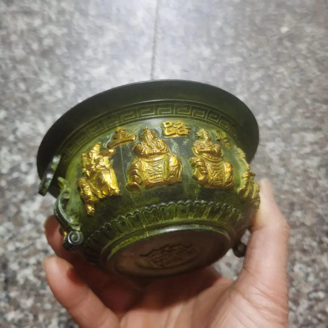 Antique Collectible Gilt Brass Five-Way Wealth God Treasure Basin, Home Office Copper Basin Decoration, Ruyi Treasure Basin