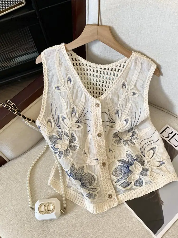 Elegant Hollow Out Embroidered Vest Women's Summer Retro Backless Top Silk Straight Cut Korean Style Commute Fashion
