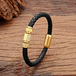Classic Stainless Steel Accessory Jewelry Black Woven Genuine Leather Bracelets For Men Women Couple Gift Bracelets Homme