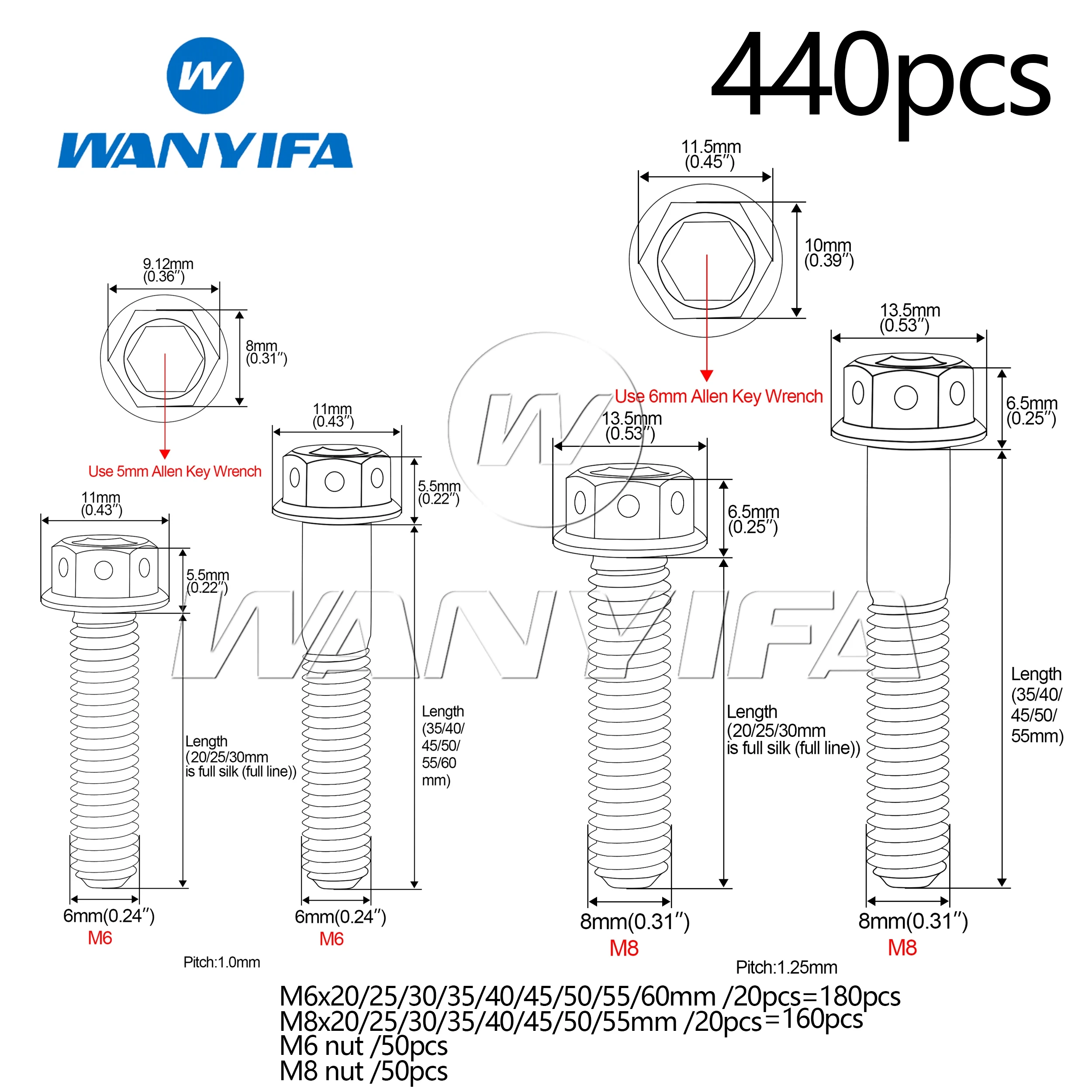 Wanyifa A total of 440 products: Titanium bolts M6x20-60mm 180 pcs, M8x20-55mm 160 pcs, M6 nuts 50 pcs, M8 nuts 50pcs