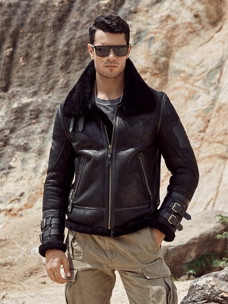 

Mens B3 Shearling Jacket Grey Leather Winter Coat Natural Sheepskin Outwear Motorcycle Fur Parkas