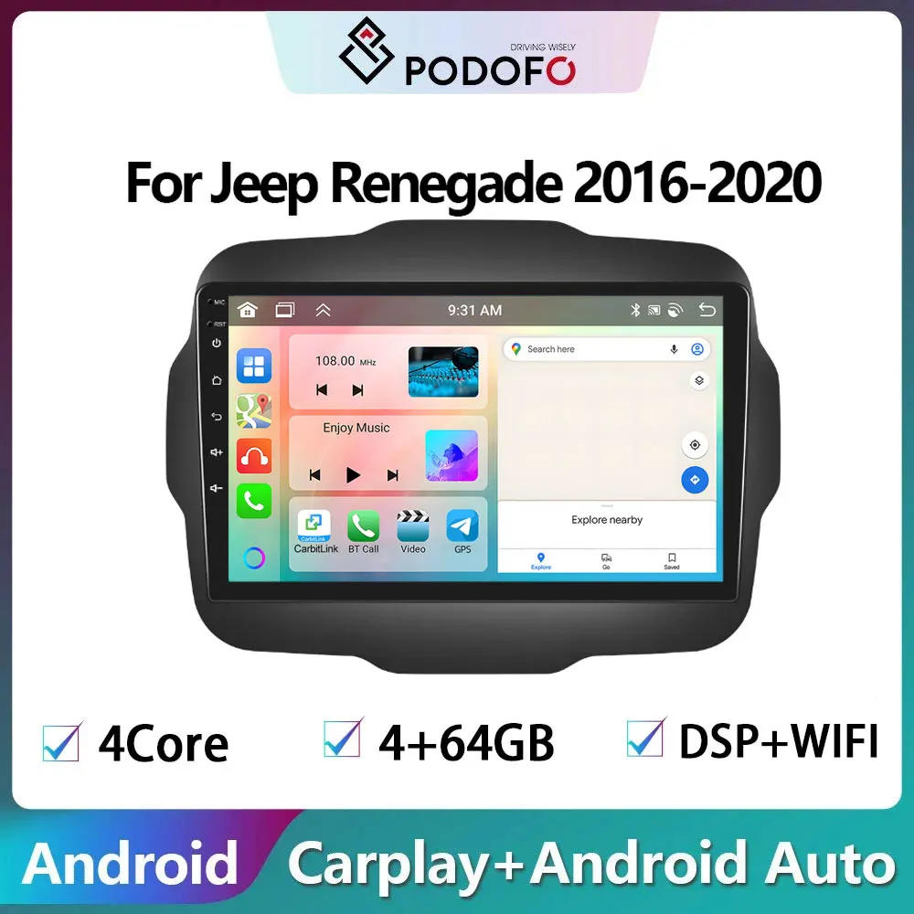 Podofo Android 2din Car Radio For Jeep Renegade 2016-2020 Carplay Autoradio Stereo Player Wifi Music GPS Stereo Head Unit