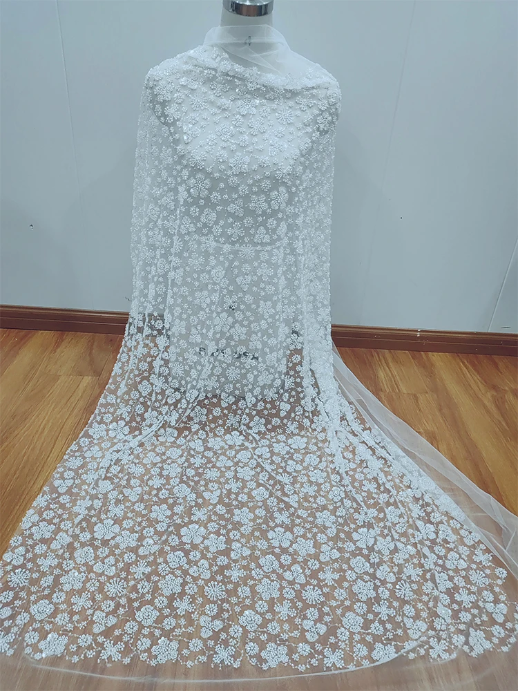Custom Made Full Beaded Embroidered Material Accessories Illusionary Sequin Mesh Wedding Dress Floral Fabric