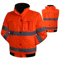 Men's Winter Hi Vis Safety Jacket Waterproof Jacket With Removable Sleeves Reflective Workwear