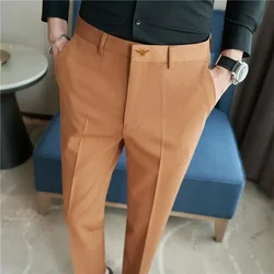 Pantalones formales de negocios bordados para hombre, traje de oficina ajustado de estilo coreano, ropa de calle de alta calidad, pantalones tobilleros, verano, 2024