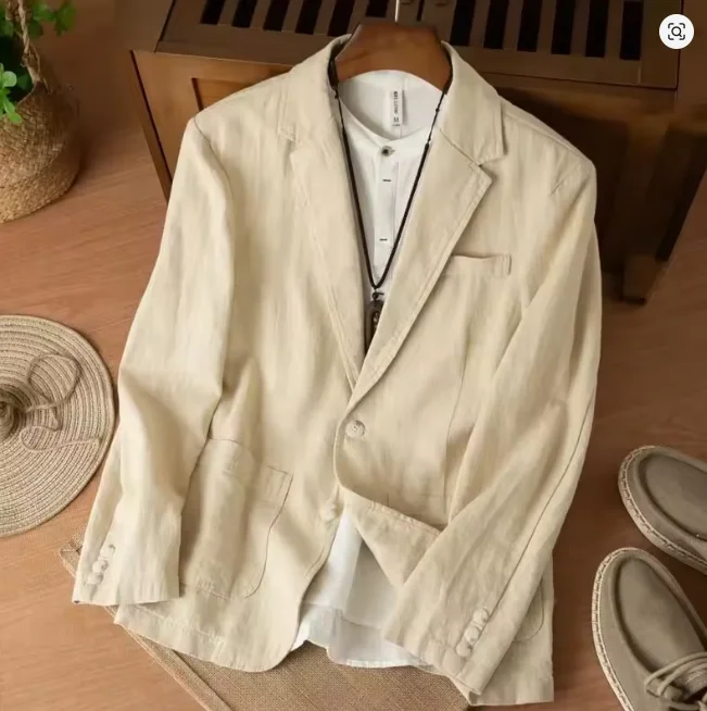 Men Pure Cotton Casual Blazer Lapel Jacket Solid  Breathable Lightweight Vintage Suit Coat Male Office Commuter Daily Outerwear