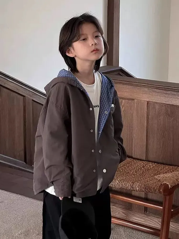 Boys' Double-Sided Wear Hooded Plaid Windproof Jacket Casual Style Cotton Fabric Spring Autumn Outerwear for 3-11 Years Old Kids