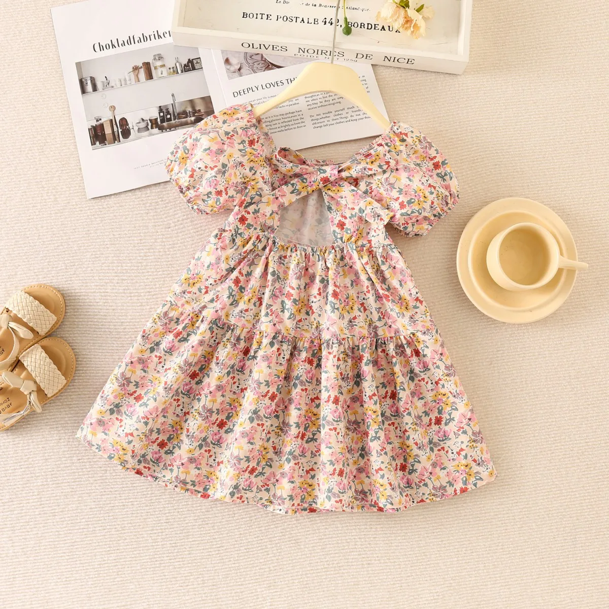 Baby princess dress summer cotton short sleeved baby girl dress flower cross bow bubble sleeve princess children\'s clothing