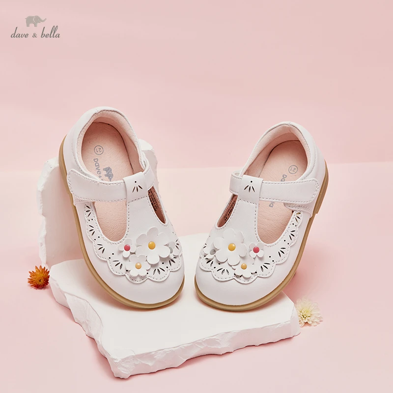 Dave Bella Children Kid Baby Girls White Flower Student Princess Shoes Princess Kids Leather Shoes For Girls Shoes DB1233932