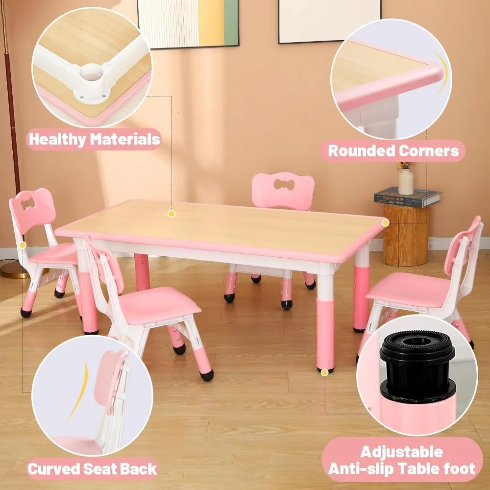 Kids Table and 4 Chairs Set for Ages 3-8, Height Adjustable Toddler Table and Chair Set, Easy to Wipe Arts & Crafts Table