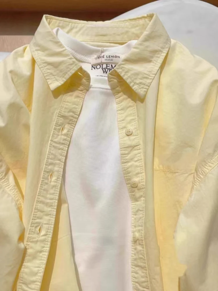 

Spring Summer Women's Pure Cotton Yellow Long Sve irt Thin Outerwear Sun Protection Commute Sle Korean Loose Fit Butto...