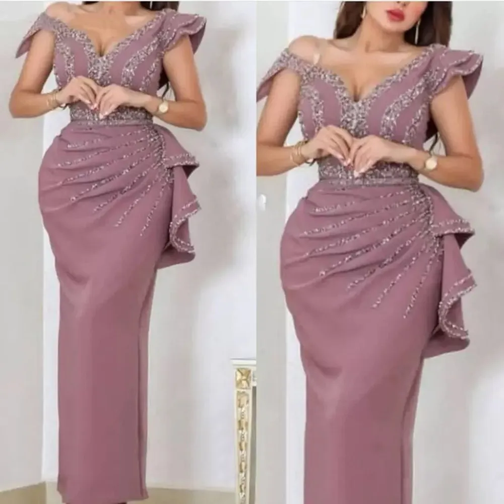 New V-neck Straight Satin Beaded Sequins Prom Dress Dubai Arabic Plus Size Evening Gowns Long Luxury Party Celebrity Robe платье