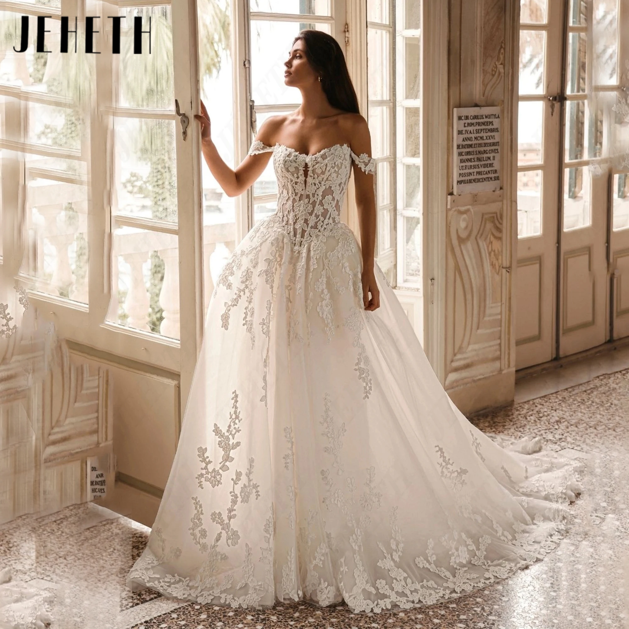 JEHETH Sweetheart A‑Line Wedding Dress Off‑shoulder Sleeveless Bride Dresses Custom Made Basque Tulle Bridal Gowns Court Train