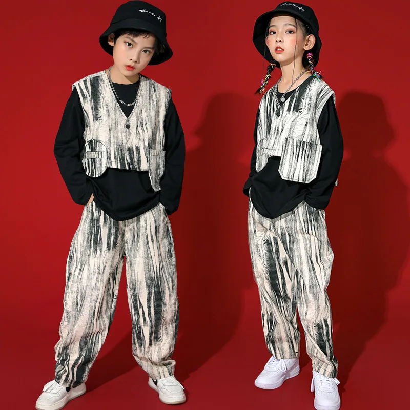 Ropa de Hip Hop para niño y niña, chaqueta sin mangas con estampado de Kpop, chaleco con bolsillo, Top, ropa de calle, pantalones, disfraz de baile de Jazz