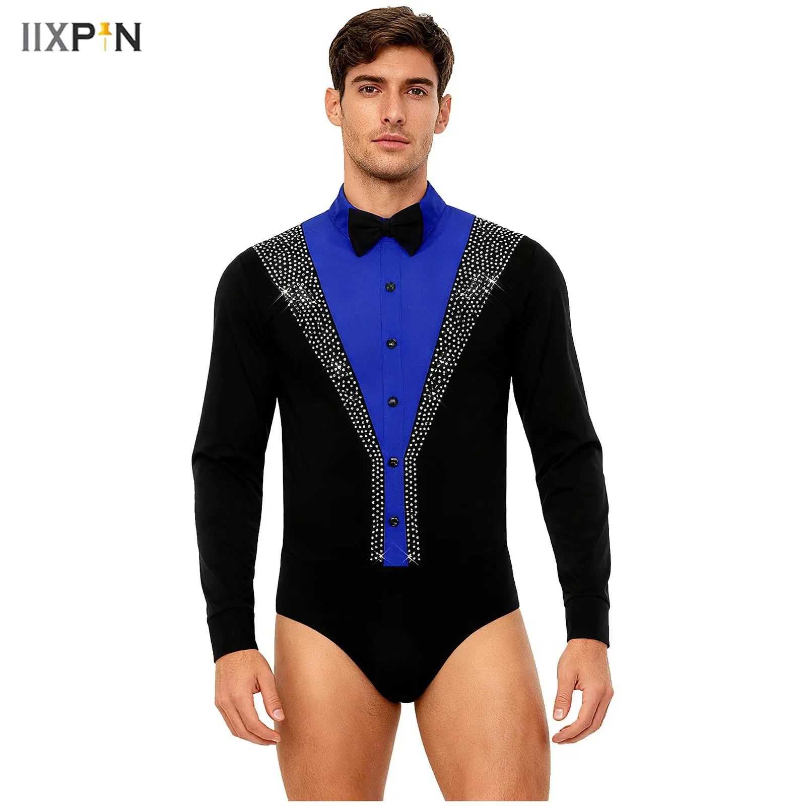 

Mens Figure Skating Latin Dance Bodysuit Shiny Rhinestone Long Sleeve Button Crotch Leotard Jumpsuit Latin Tango Dance Costume