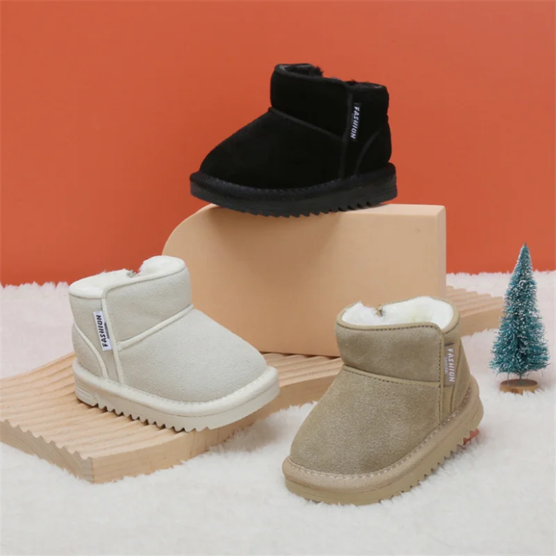 2023 New Winter Baby Snow Boots Leather Warm Plush Infant Shoes Zip Side Soft Sole Fashion Toddler Boys Girls Boots 15-25