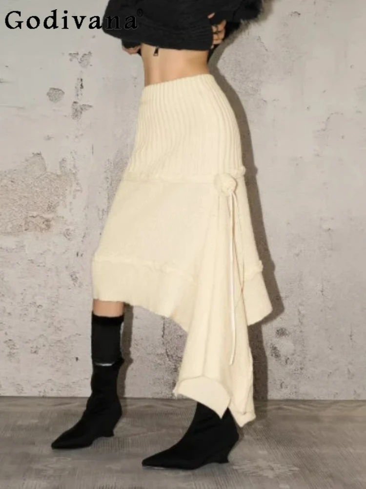 

Spring Autumn Fashion Retro Women Irregular Knitted Skirt Personalized Rose Ribbon A-line Versatile Personality Punk Long Skirts