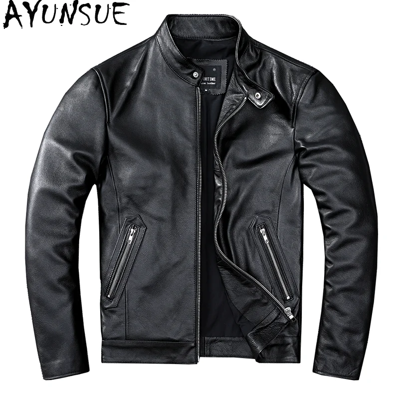 

AYUNSUE Autumn Winter Mens Leather Jacket Sheepskin Cowhide Coats Short Motorcycle Jackets Casual Stangding Chamarra Piel