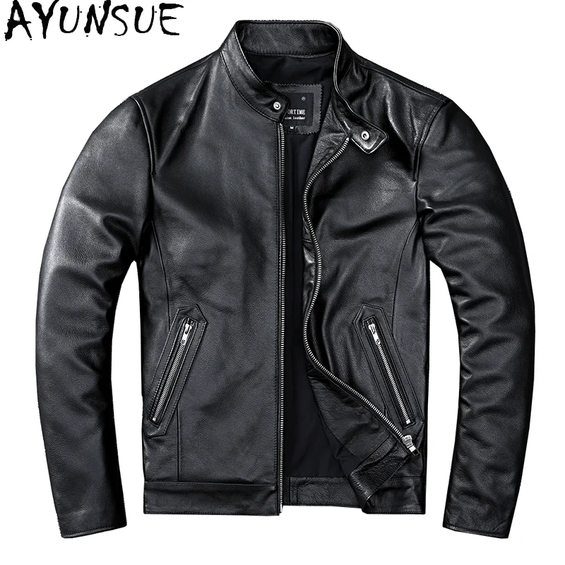 AYUNSUE Autumn Winter Mens Leather Jacket Sheepskin Cowhide Coats Short Motorcycle Jackets Casual Stangding Chamarra Piel