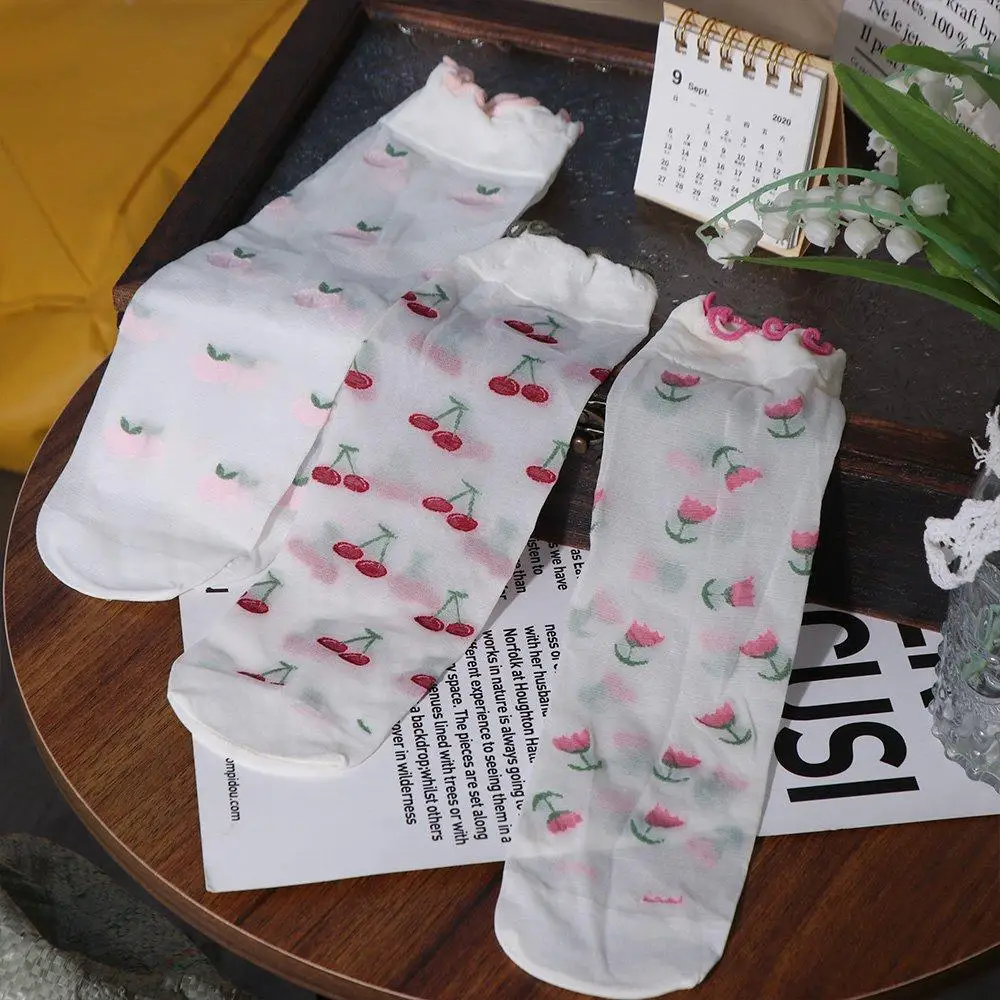 Peach Strawberry Glass Silk Ruffle Socks Avocado Ultra Thin Transparent Flower Ruffle Socks Korean Cherry