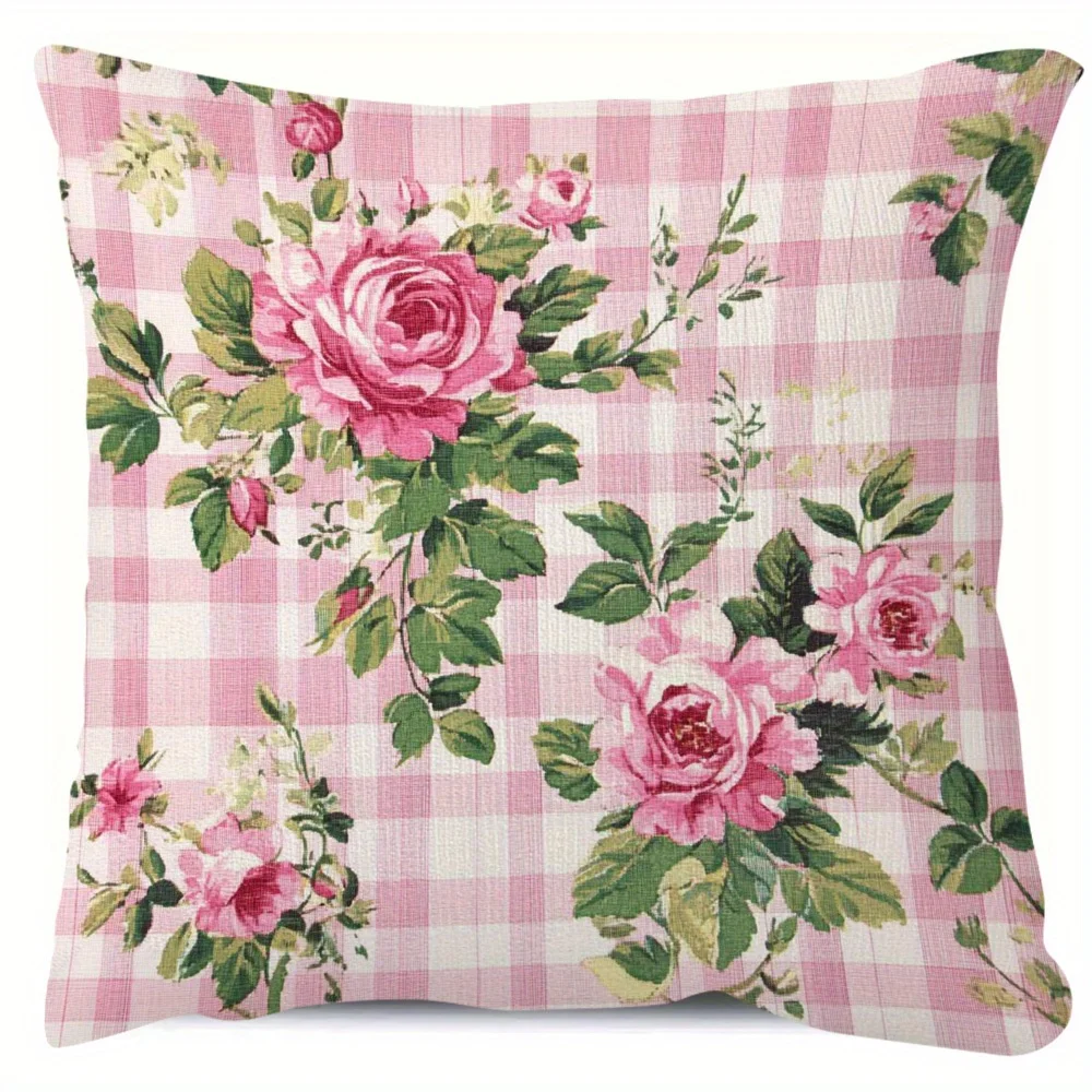 1pc Pink White Gingham Rose Printed Throw Pillow Cover, Suitable for Sofa,Bedroom,Living Room,an Elegant Gift for Flower Lovers.