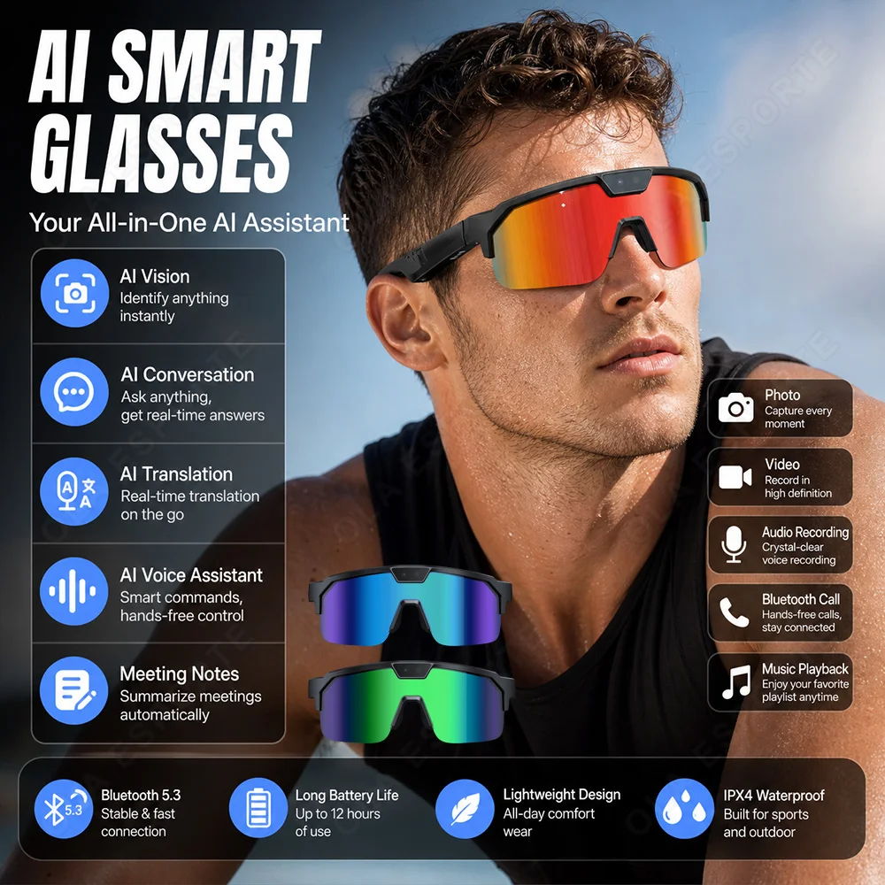 Fahrrad-Smart-Brille mit KI, 4K HD 800W Kamera, Bluetooth-Anruffunktion, Übersetzungsfunktion, Anti-Shake-Sonnenbrille für Herren und Damen, UV-Schutz, wasserdicht, Musikfunktion